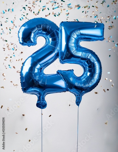 Blue balloon number 25 for twenty-fifth birthday or anniversary party. White background with confetti