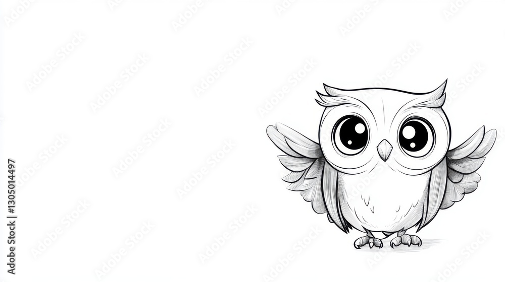 Fototapeta premium Cute cartoon owl with big eyes and wings in black and white style