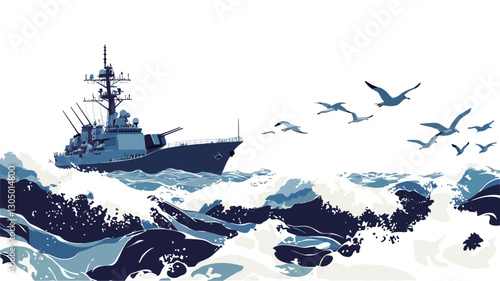A stylized vector illustration depicting a warship sailing on a turbulent sea. The warship is rendered in shades of blue, with details suggesting a destroyer-class vessel.  The sea is