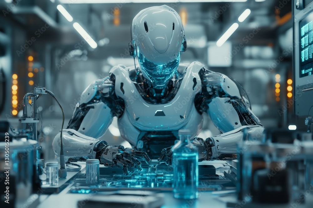 Fototapeta premium Robotic entity engaged in advanced research within a futuristic laboratory setting in the year 2040