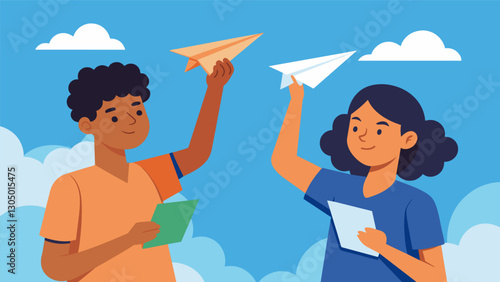 Two students eagerly tested the aerodynamics of their paper airplane models hoping they would hold up in the Science Olympiad Flyer competition.. Vector illustration