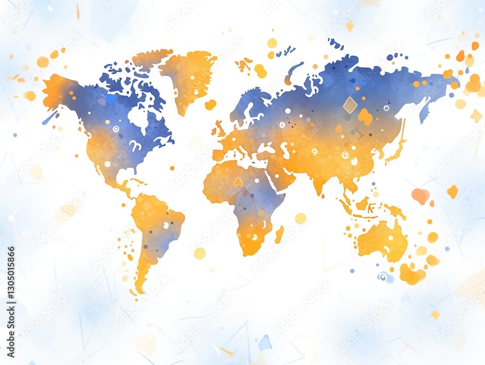 Obraz premium Abstract watercolor business map in indigo and ochre, blurred continent outlines with placeholder infographics