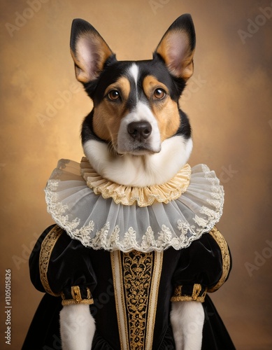 A dog dressed in a Renaissance-style costume, complete with a ruffled collar and a black and gold dress, gazes directly at the camera.