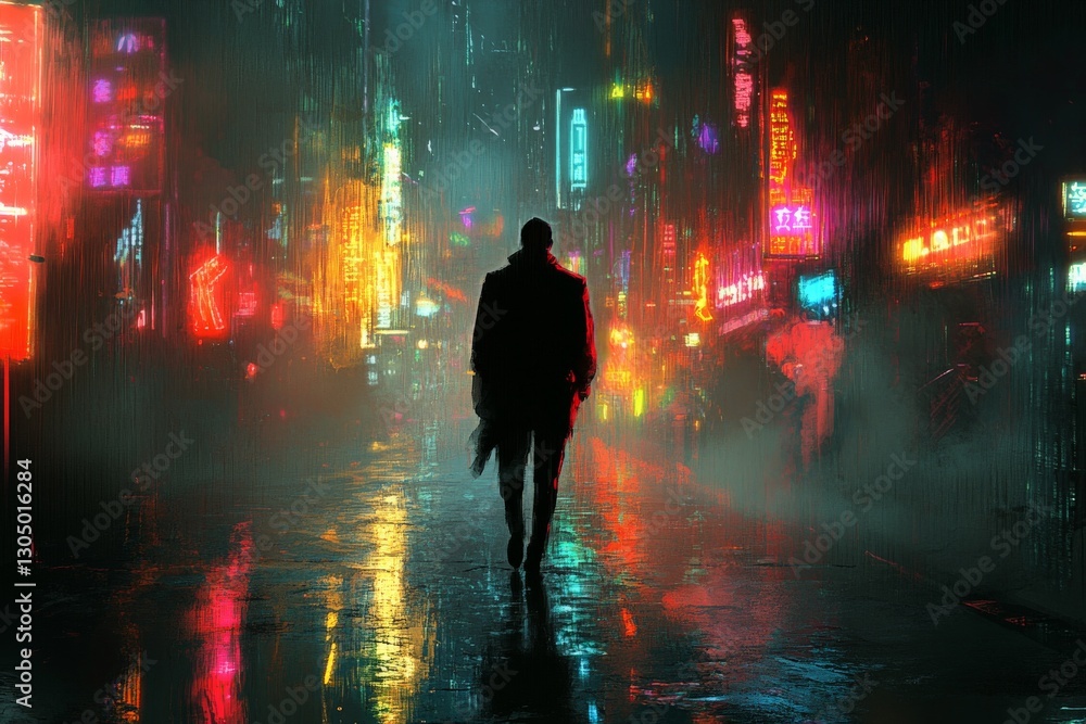 Mysterious figure walking in a neon-lit urban alley on a rainy night Mysterious figure walking in a neon-lit urban alley on a rainy night