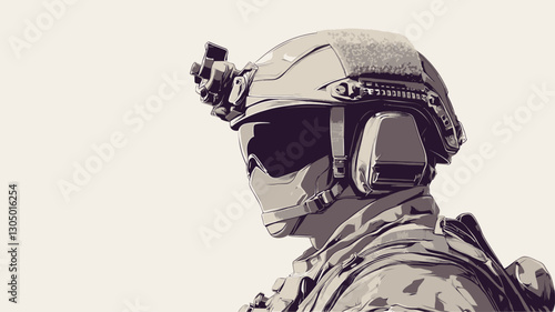Close-up profile view illustration of a soldier wearing a tan helmet with attached headgear and a camouflage uniform. The illustration style is stylized and uses a limited color palette of