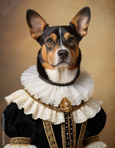 A dog dressed in a Renaissance-style costume, complete with a ruffled collar, lace sleeves, and a gold brooch, gazes directly at the camera.