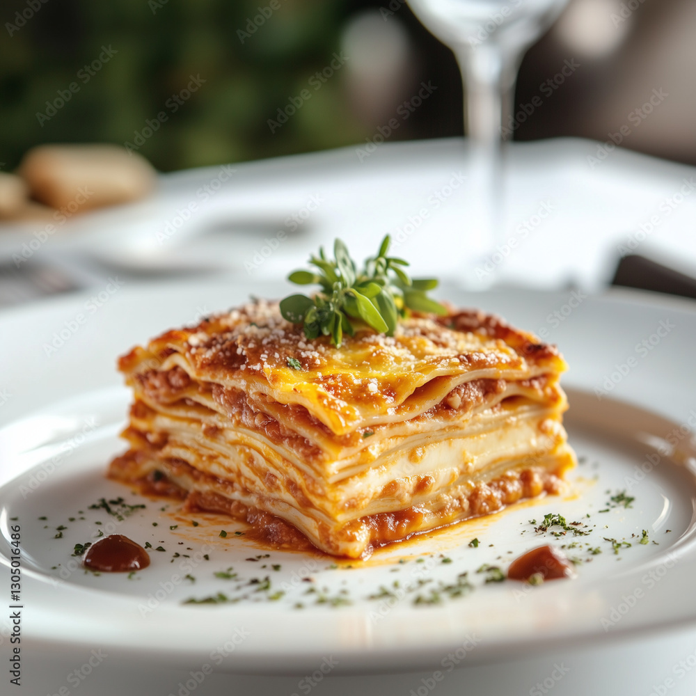 A high-quality, highly detailed photo of a beautifully served Lasagna in a luxurious European restaurant. Served on an elegant white ceramic plate with a sophisticated presentation. A high-quality, highly detailed photo of a beautifully served Lasagna in a luxurious European restaurant. Served on an elegant white ceramic plate with a sophisticated presentation.