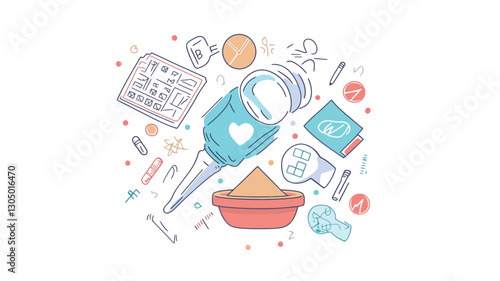 The image is a vector illustration featuring a circular arrangement of various line-drawn objects.  The style is minimalist and uses a light blue and pastel orange color palette.  The