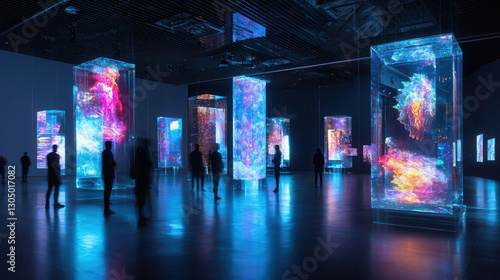 Immersive art installation featuring glowing, colorful displays in dark space. Visitors interact with vibrant, illuminated structures