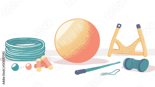 A digital illustration depicting various pieces of fitness equipment, including an exercise ball (large, peach-colored), a jump rope (teal), small weights (dark teal), a resistance band