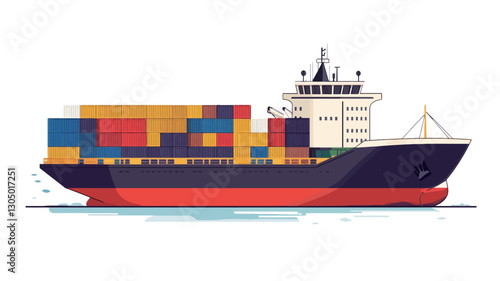 A vector illustration depicting a cargo ship carrying a variety of colorful shipping containers. The ship is rendered in a simplified, flat style with a dark blue hull, red bottom, and a
