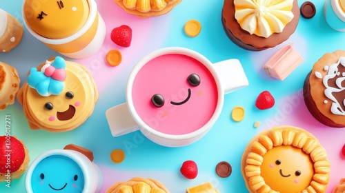 Kawaii breakfast treats and drinks on pastel background
