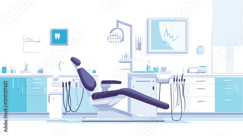 Illustration of a modern dentist's office interior. The scene is depicted in a minimalist style with a predominantly white and light blue color palette.  The main focus is a reclined dental
