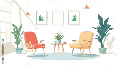 A vector illustration depicting a minimalist interior scene. The illustration showcases two mid-century modern armchairs, one red and one yellow, facing each other across a small coffee