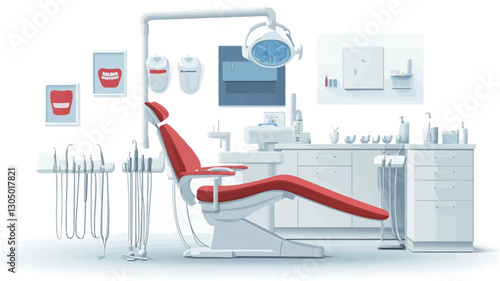 The image shows a digitally rendered illustration of a modern dental office interior.  The scene is dominated by a red dental chair positioned centrally, facing the viewer.  A dental unit