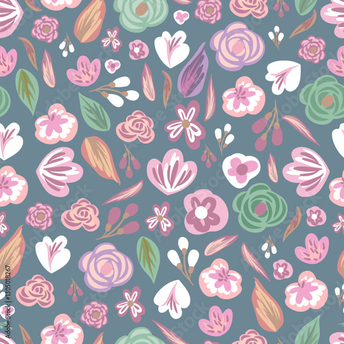 Wallpaper Mural Flowers, wildflowers, leaves, in soft bed colors, gray background, seamless pattern, vector Torontodigital.ca