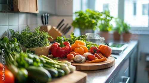 selection of seasonal vegetables on a counter, a bright atmosphere in the kitchen and natural light generative ai