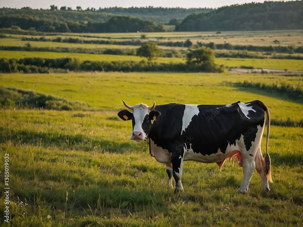 Fototapeta premium Black and White Cow in Scenic Rural Landscape: Sustainable Livestock and Biodiversity in Organic Farming Meadow
