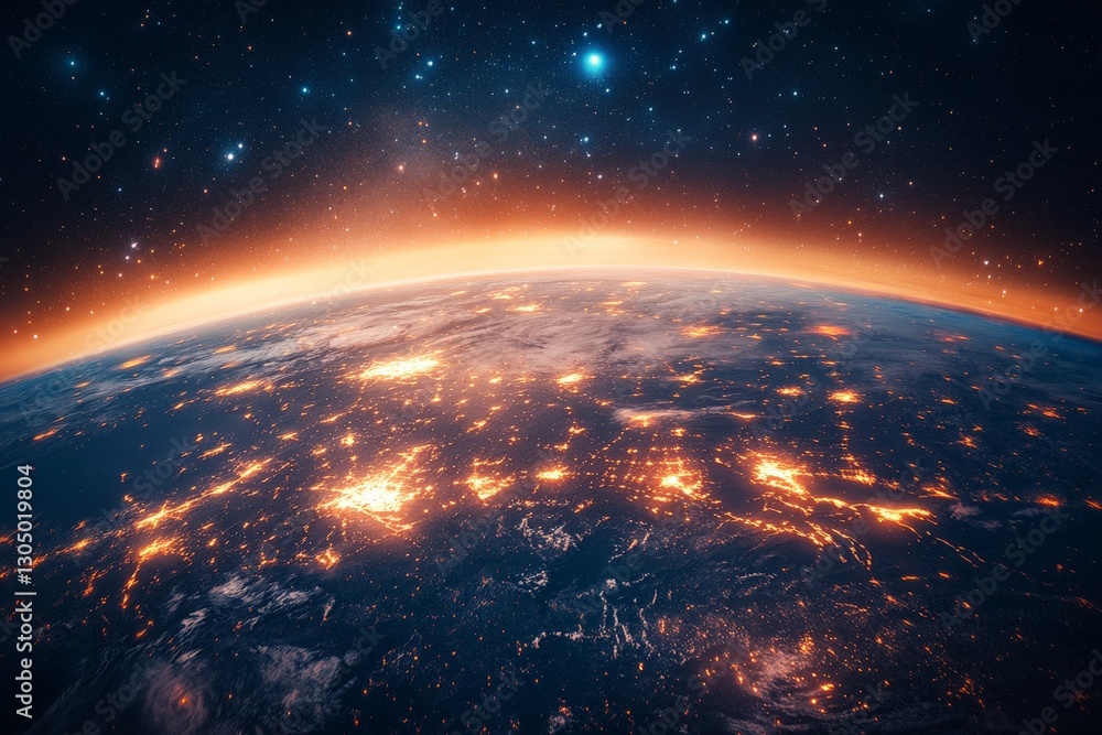 Dazzling view of Earth from space showcasing vibrant city lights against a starry background Dazzling view of Earth from space showcasing vibrant city lights against a starry background
