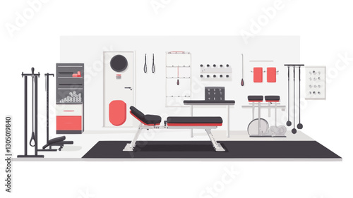 The image depicts a stylized illustration of a minimalist home gym. The color palette is primarily black, white, and a muted red/coral.  The gym features various pieces of exercise