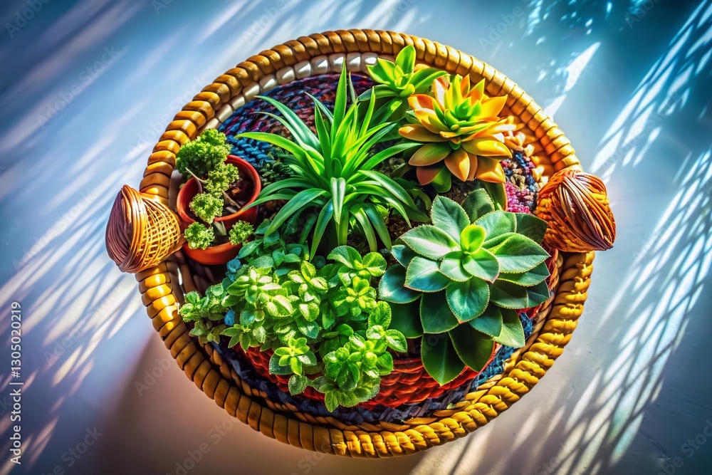 Fototapeta premium Aerial Drone View Botanical Illustration Plant Basket Pattern Background