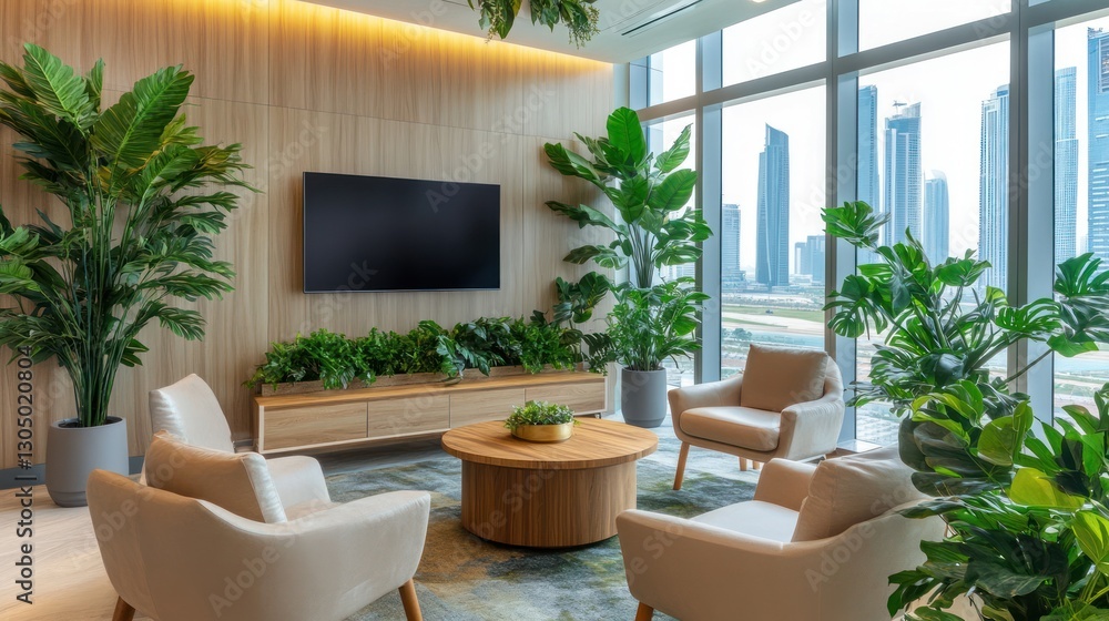Fototapeta premium Modern office lounge area with city view