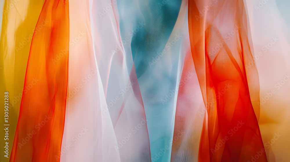 Fototapeta premium Sheer fabric layers in vibrant hues dance gently in the breeze under bright sunlight