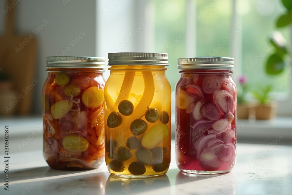 Three Jars of Pickled Vegetables Sit on a Counter Next to Each Other - Generative AI Three Jars of Pickled Vegetables Sit on a Counter Next to Each Other - Generative AI