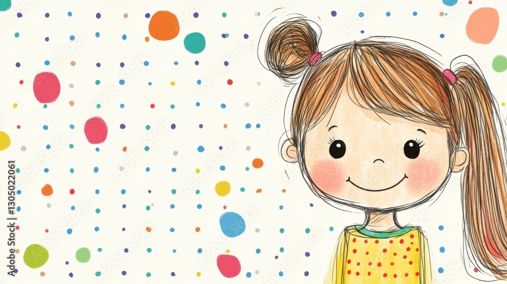 Cheerful Girl with Pigtails and Colorful Polka Dots Background Cheerful Girl with Pigtails and Colorful Polka Dots Background