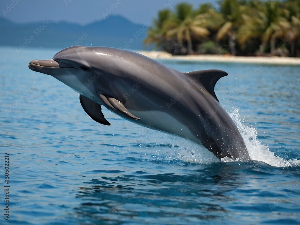 Naklejka premium Playful Dolphins Jumping in Tropical Ocean: Marine Life and Wildlife Adventure