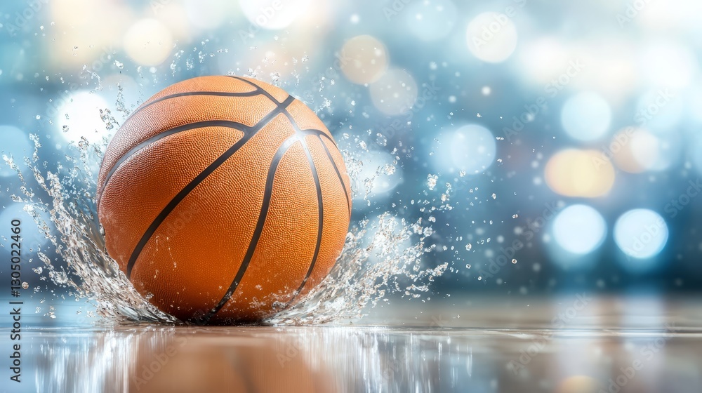 Dynamic closeup of basketball splashing through water ripples and droplets in motion Dynamic closeup of basketball splashing through water ripples and droplets in motion