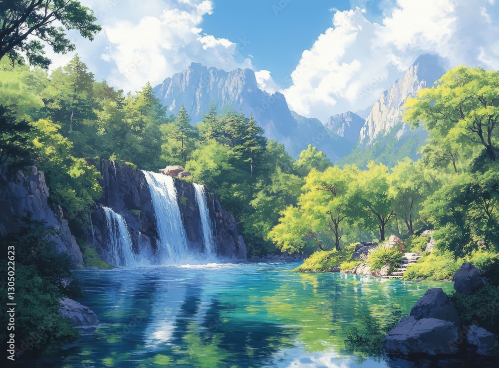 Fototapeta premium Serene Natural Landscape with Majestic Waterfall and Lush Greenery Reflecting in Tranquil Lake under Bright Blue Sky with Fluffy White Clouds