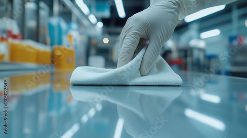 Hand in a white glove cleaning a reflective surface with a white cloth, blurred background