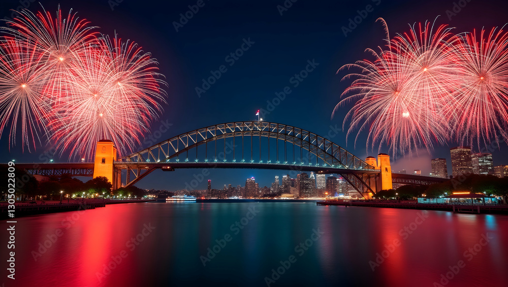 Fototapeta premium Iconic Sydney Harbour Bridge Framed by Vibrant Fireworks: Perfect for Australia Day Messages