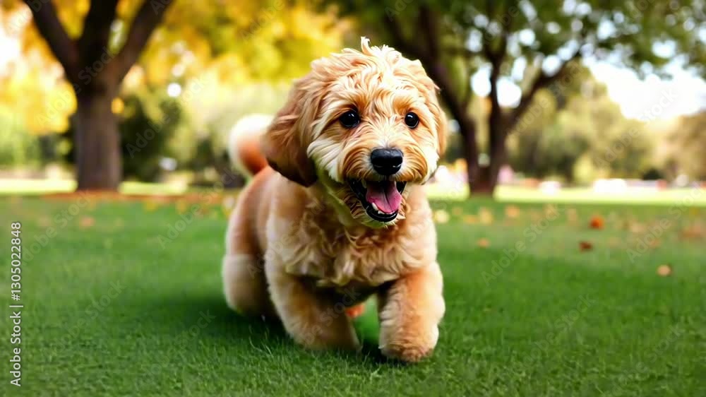 Small golden dog running towards camera in a green park Small golden dog running towards camera in a green park
