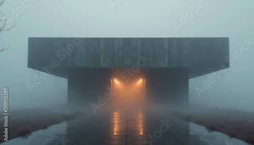 Mysterious modern building in dense fog with warm entrance lights