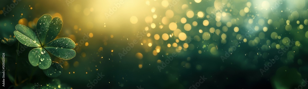 Happy St. Patrick's Day Background, a single large clover leaf with dewdrops resting gently on it, surrounded by a faint golden glow and soft bokeh, minimalistic elegance Happy St. Patrick's Day Background, a single large clover leaf with dewdrops resting gently on it, surrounded by a faint golden glow and soft bokeh, minimalistic elegance