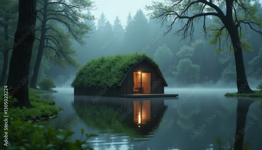 Fototapeta premium Cozy floating cabin with green roof on misty lake