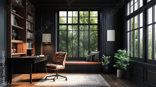 Wallpaper Mural Luxurious dark study with large windows, ideal for work or relaxation Torontodigital.ca