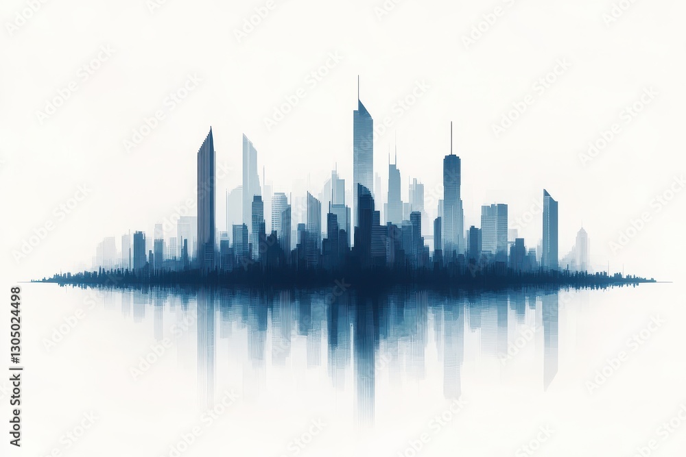Naklejka premium Modern city skyline silhouette reflecting on calm waters at dawn with a tranquil atmosphere