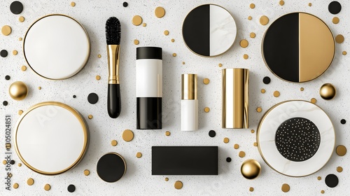 Wallpaper Mural Elegant Flatlay of Modern Cosmetics and Beauty Products in Black and Gold on a White Background Torontodigital.ca