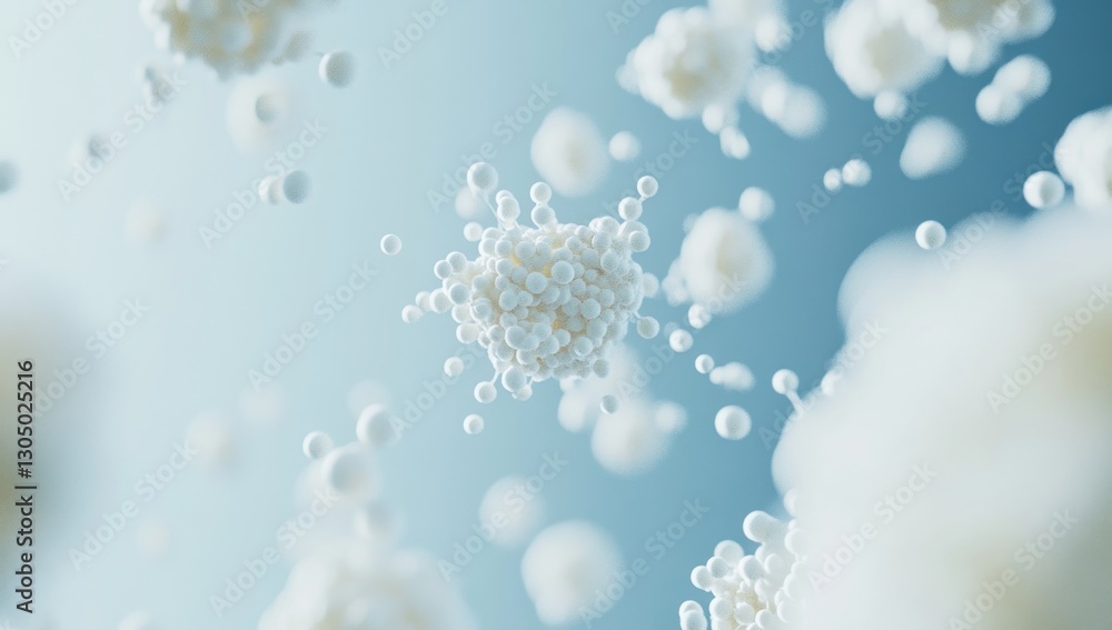 Abstract 3D illustration of white spheres floating in the air. Clusters and individual spheres in motion against a soft, light blue background. Abstract 3D illustration of white spheres floating in the air. Clusters and individual spheres in motion against a soft, light blue background.