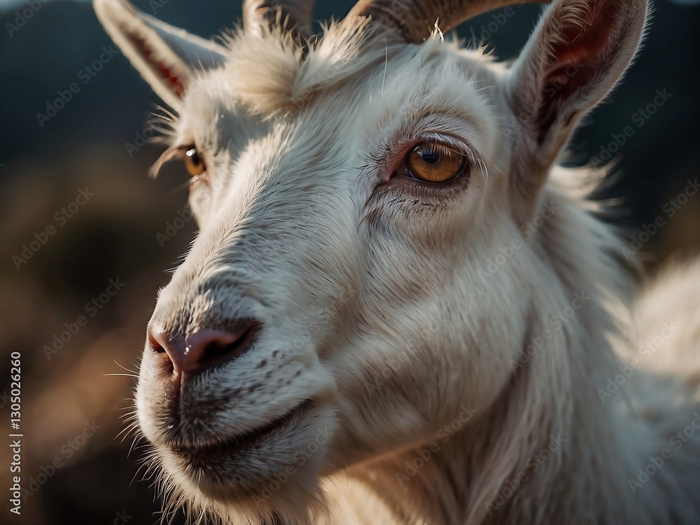 Fototapeta premium Curious White Goat Close-Up Portrait: Cute Livestock Headshot in Rural Farm Setting