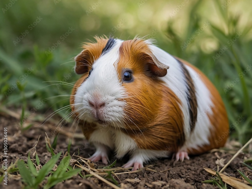 Adorable Male Guinea Pig in Nature: Cute Small Animal with Brown and White Fur in Outdoor Portrait Adorable Male Guinea Pig in Nature: Cute Small Animal with Brown and White Fur in Outdoor Portrait