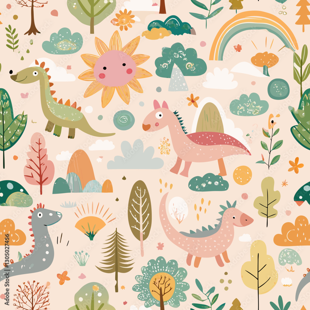 Whimsical Dinosaur World: An enchanting repeating pattern features charming dinosaur illustrations, playful flora, and a radiant sun. Whimsical Dinosaur World: An enchanting repeating pattern features charming dinosaur illustrations, playful flora, and a radiant sun.