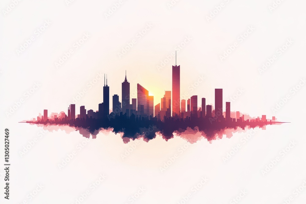 Obraz premium Sunset skyline silhouette over cityscape with colorful gradient hues reflecting the evening atmosphere