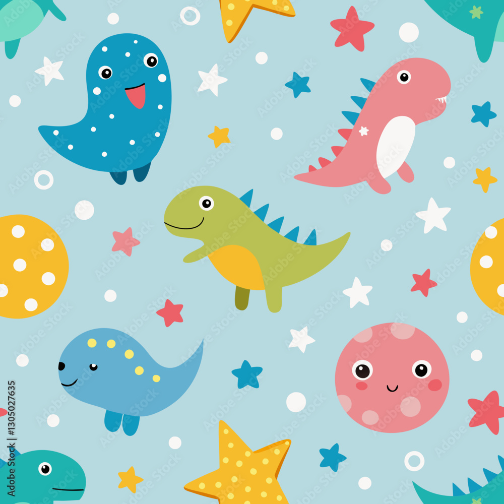 Dinosaur and Stars Seamless Pattern: Adorable dinosaurs and sparkling stars dance across a seamless pattern, creating a fun and whimsical design perfect for children. Dinosaur and Stars Seamless Pattern: Adorable dinosaurs and sparkling stars dance across a seamless pattern, creating a fun and whimsical design perfect for children.