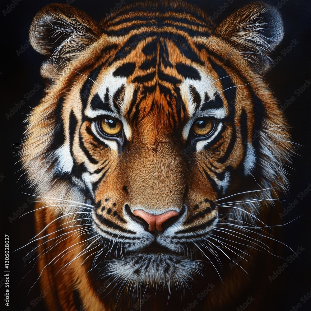 Fototapeta premium Intense Gaze of a Tiger Close up Portrait in Dramatic Lighting