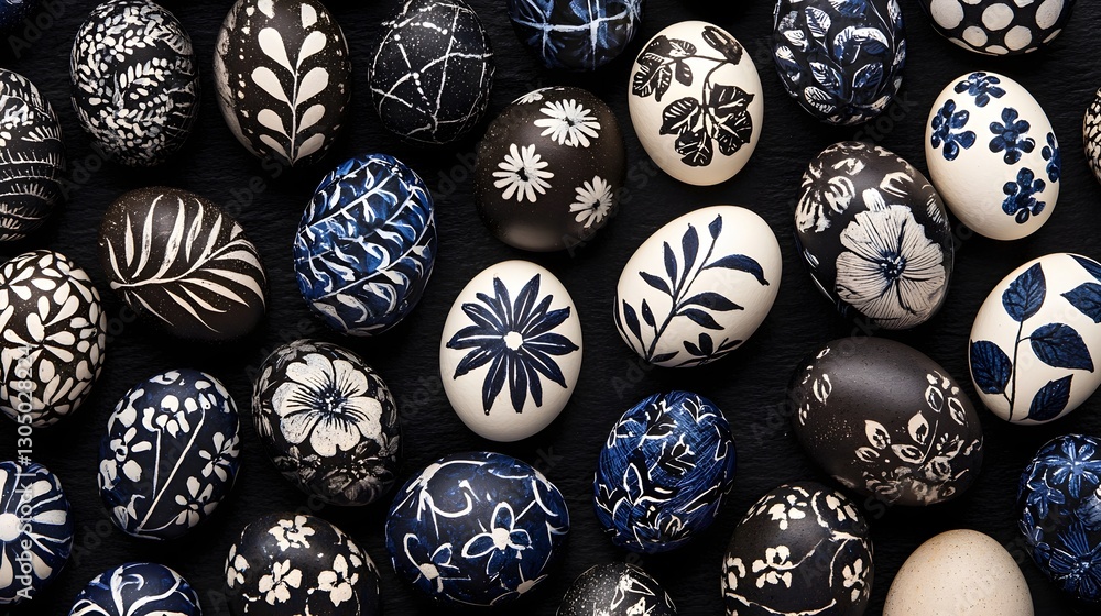 Intricately Designed Decorative Eggs with Floral Patterns on a Dark Background Intricately Designed Decorative Eggs with Floral Patterns on a Dark Background