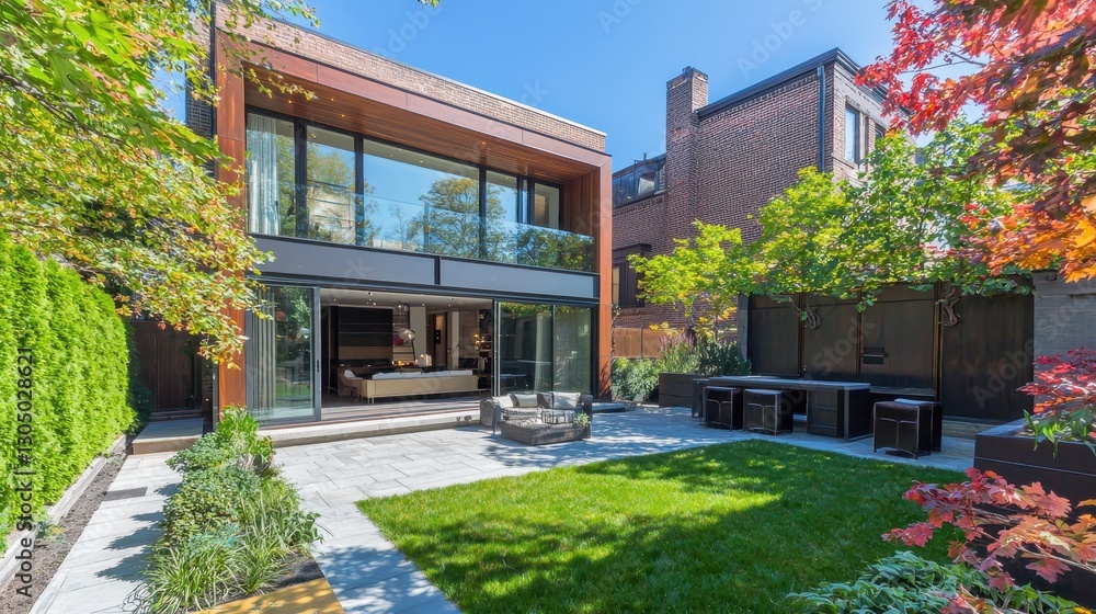 Naklejka premium Sunlit Geometric Modern Duplex with Garden